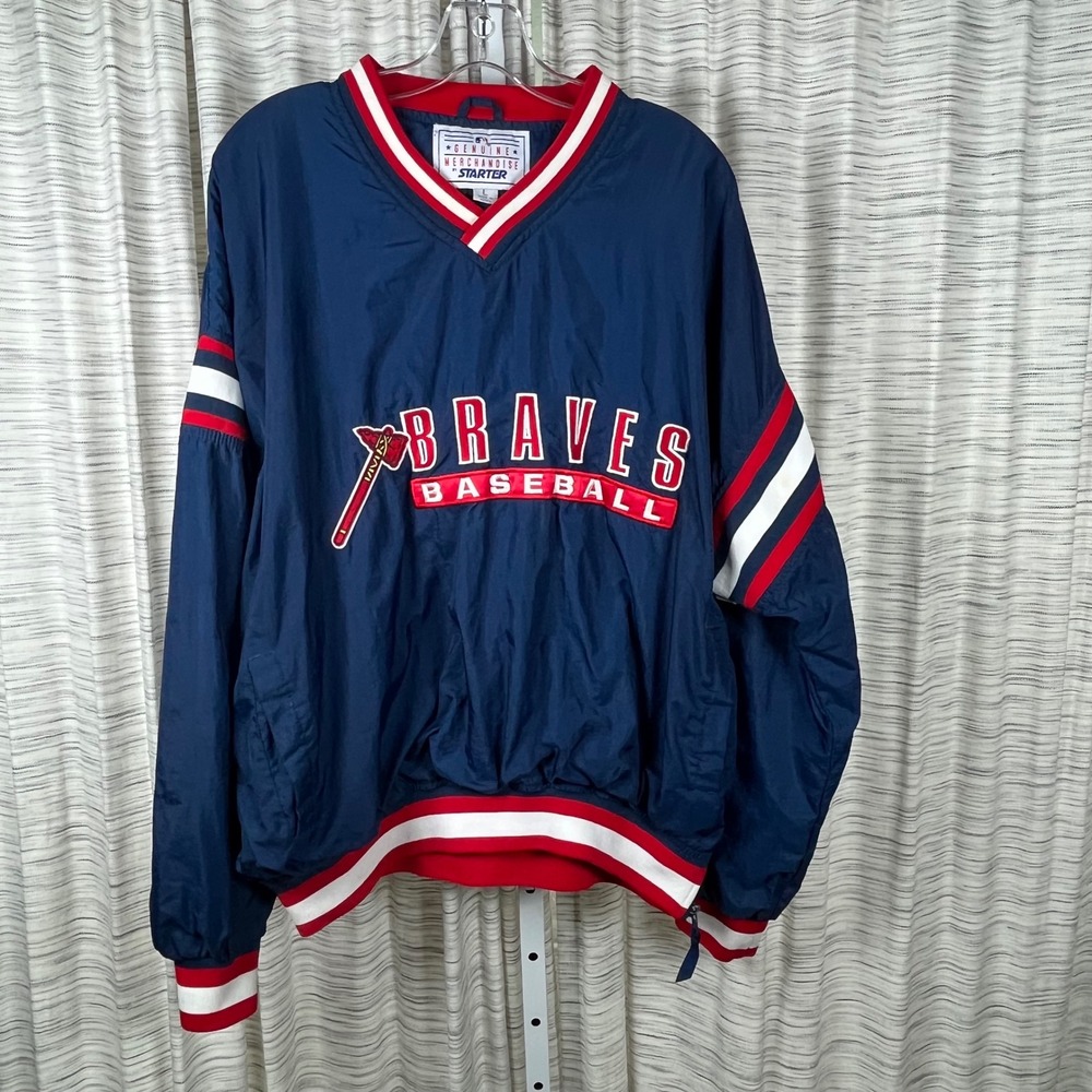 Vintage Starter Atlanta Braves Pullover Windbreaker Navy Blue Red Mens Large MLB